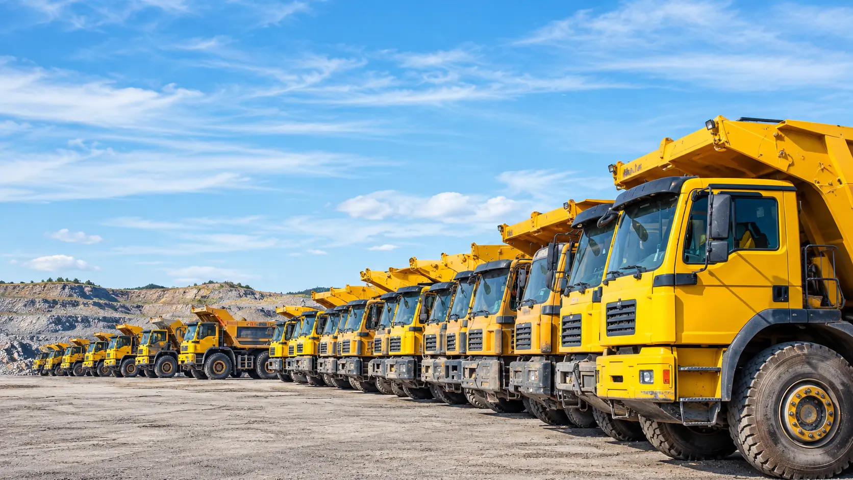 Mining haul trucks lined up at a quarry site