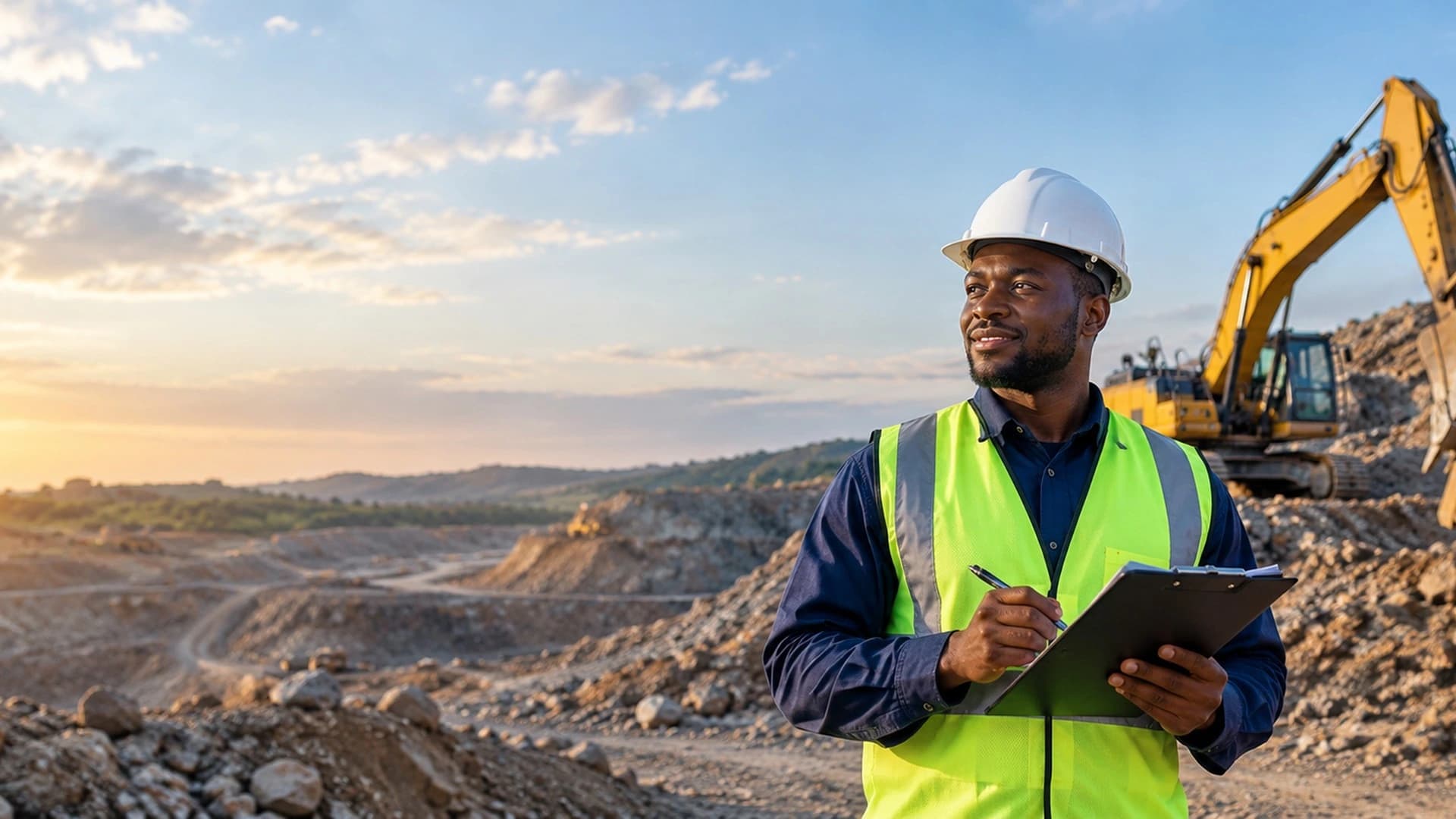 Mining inspector reviewing a quarry site with an excavator